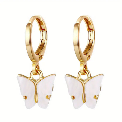 Butterfly White & Gold Hoop Dangle Earring